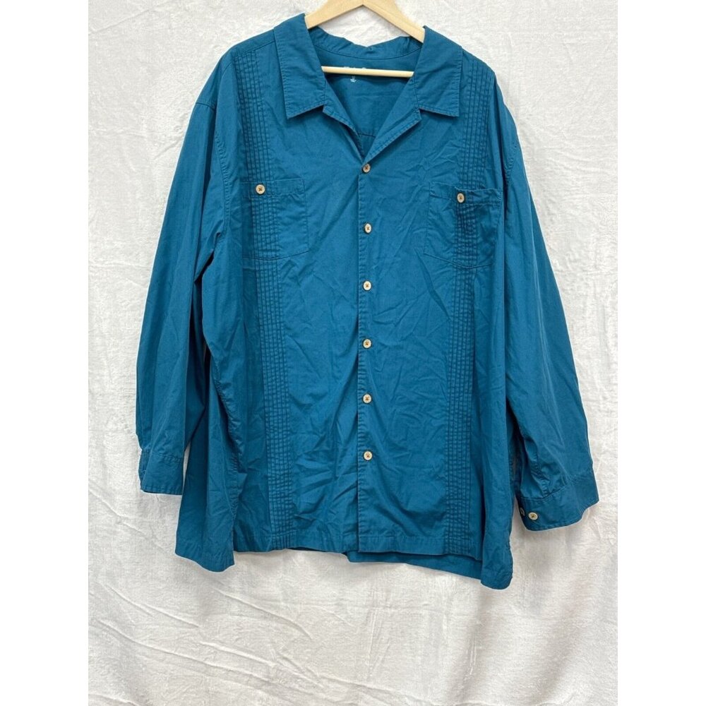 KS Island Mens Blue Button‎ Front Shirt Size 4XL Pleated Long Sleeve Tropical